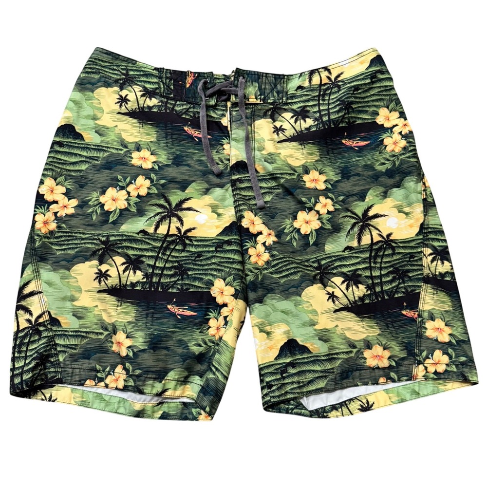 Old Navy Mens XL Tropical Island Print Board Shorts Green Yellow Swim Trunks